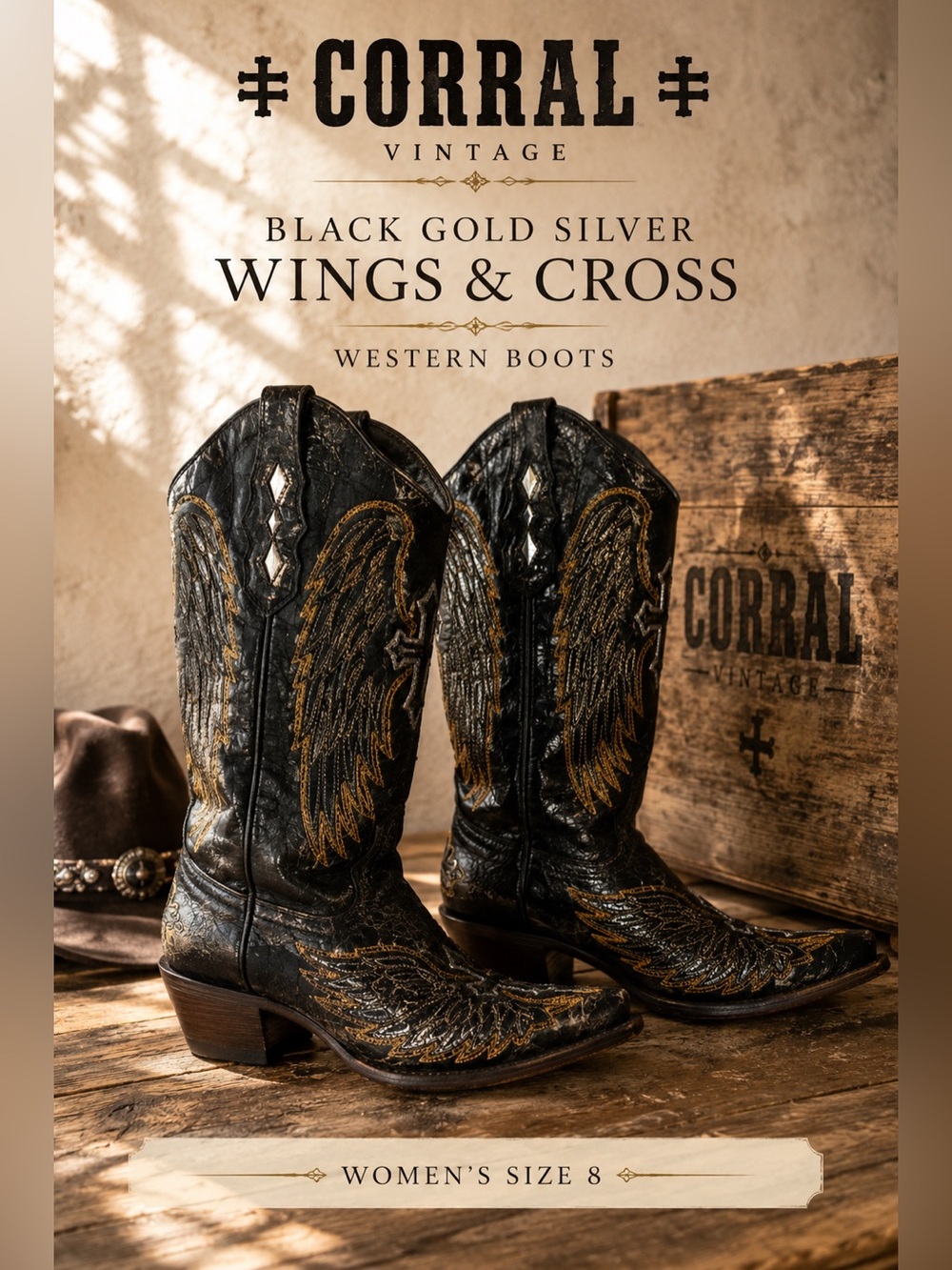 Corral Black Gold Silver Wings & Cross Western Cowboy Boots Women’s Size 8
